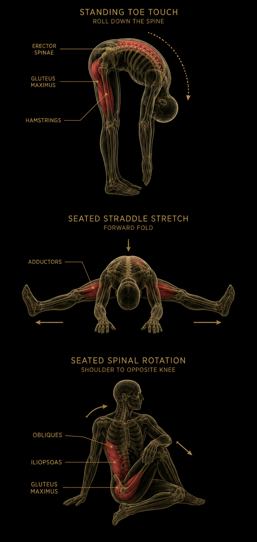 Standing toe touch, straddle stretch og spinal rotation